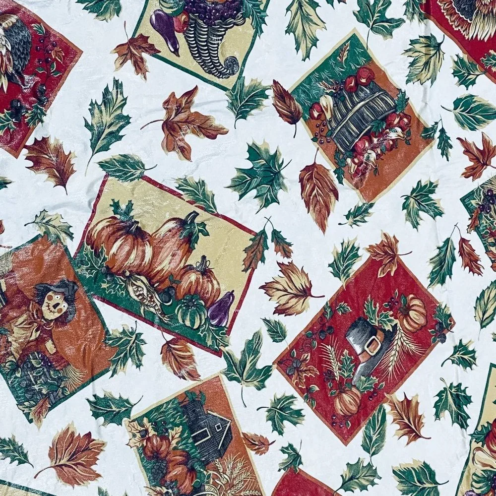 Vintage Vinyl Oblong Table Cover Tablecloth Fall Thanksgiving Turkey Scarecrow